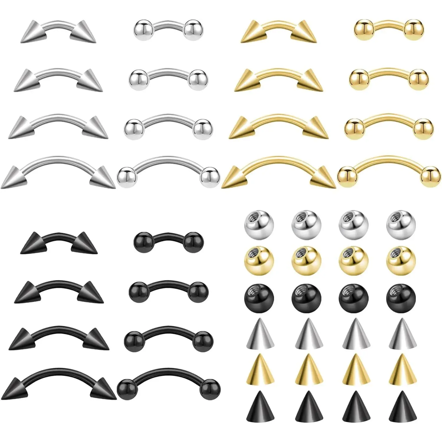 48-Piece 16G Surgical Steel Body Jewelry Set - Curved Barbells, Eyebrow Rings, Vertical Labret Lip Jewelry, Rook Daith Earrings, Small Belly Button Rings for Female, Male (Christmas, Thanksgiving, Anniversary Gifts), Birthday, Lead, Black Gold Silver, Cer