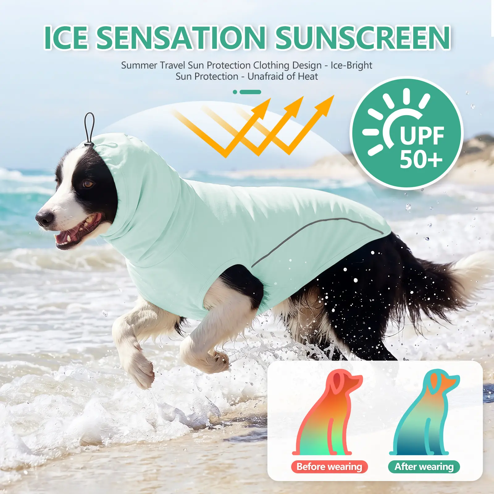 Cooling Dog Sun Protection Vest with Adjustable Hood, Ice Feel Breathable Sleeveless Dog Summer Shirt with Reflective Stripe & Rear Fixing Strap for Small Medium Large Dogs