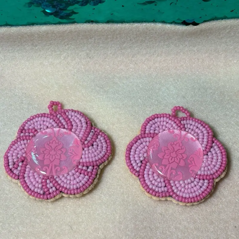 Pink Flower Beaded Necklace Pendants - Native American Beadwork