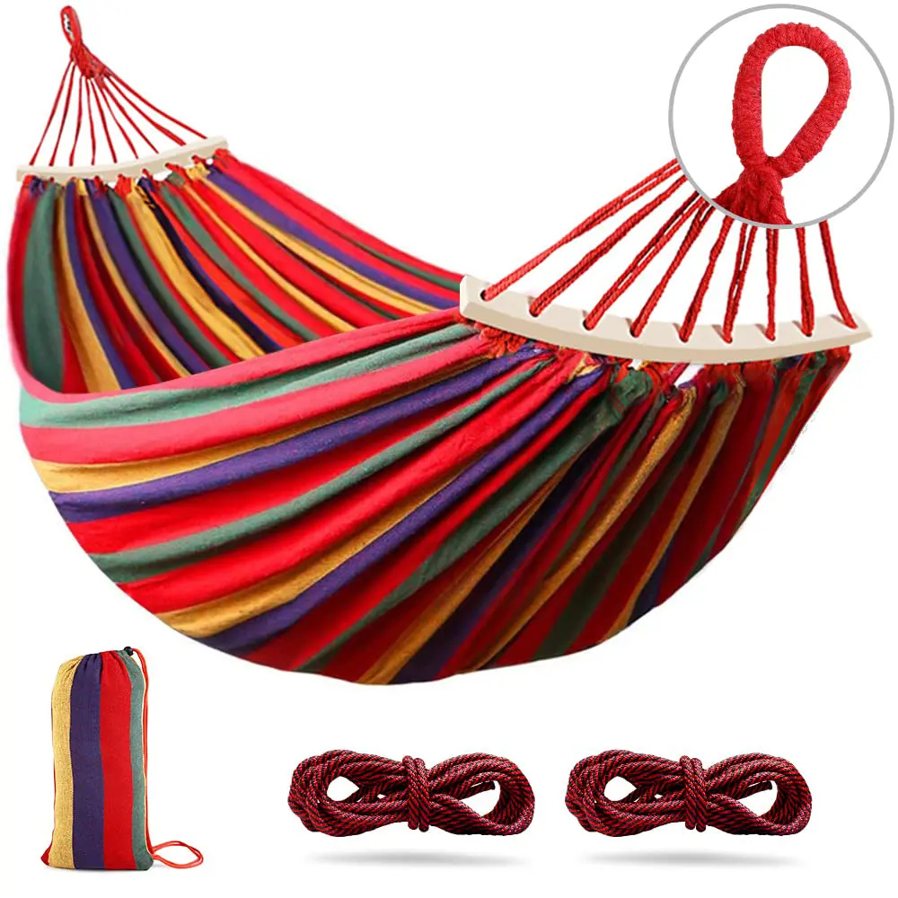 260 x 150 cm Camping Hammock, Hammocks Thickened Canvas Fabric with 550lb Load Capacity, Two Anti Roll Balance Beam and Sturdy Metal Knot Tree Straps for Travel, Beach, Backyard etc.