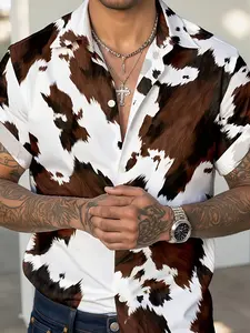 Men's Summer Casual Cow Pattern Short Sleeve Shirt, Western Style Comfortable Loose Fit, All over Print, Fitted, Short Sleeve