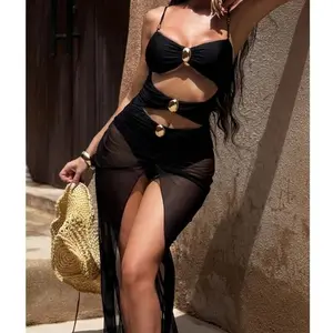 Women's 3-Piece Black Bikini Set, Hollowed-Out Metal Detail with Chiffon Skirt, Adjustable Straps, Quick-Drying Fabric, Slimming Sexy Beach Swimwear, Bathing Suits, Bikini Sets,summervibes
