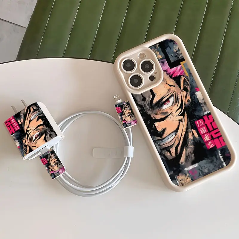 5 Piece Set Antique Anime Cartoon Phone Case, Charger Head Cover, Cable Protector, Storage Rope, Anti-Drop Tpu Case for iPhone