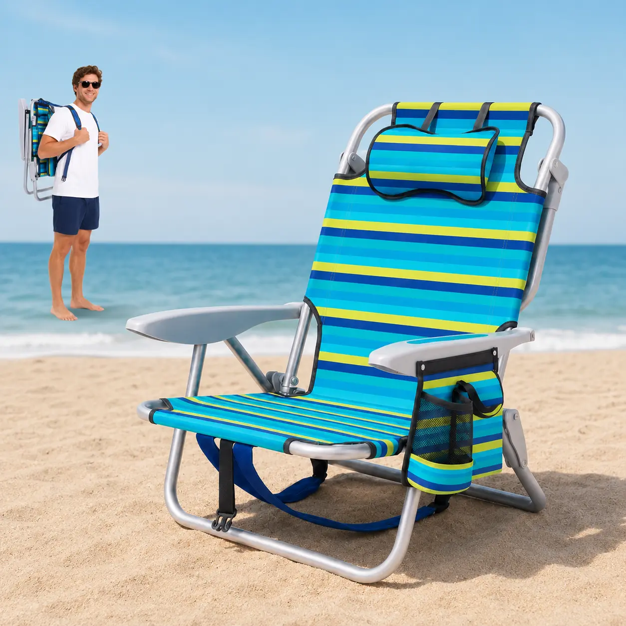 5-Position Adjustable Folding Backpack-Style Beach Chair - Lightweight, Portable, Low-Seat Reclining Camping Chair with Side Pockets, Cup Holders, Headrest, Ideal for Outdoor Activities, Beach, Travel
