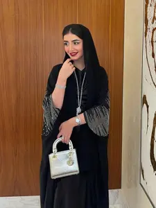 Women's Loose Fit Backless Rhinestone Embellished Long Robe, Elegant Plain Design, All-Season Wear, Middle Eastern Luxury Style, Caftan