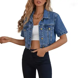 Y2K Cropped Short Sleeve Denim Jacket for Women Vintage Jean Coat Button Down Casual Streetwear Womenswear Tops