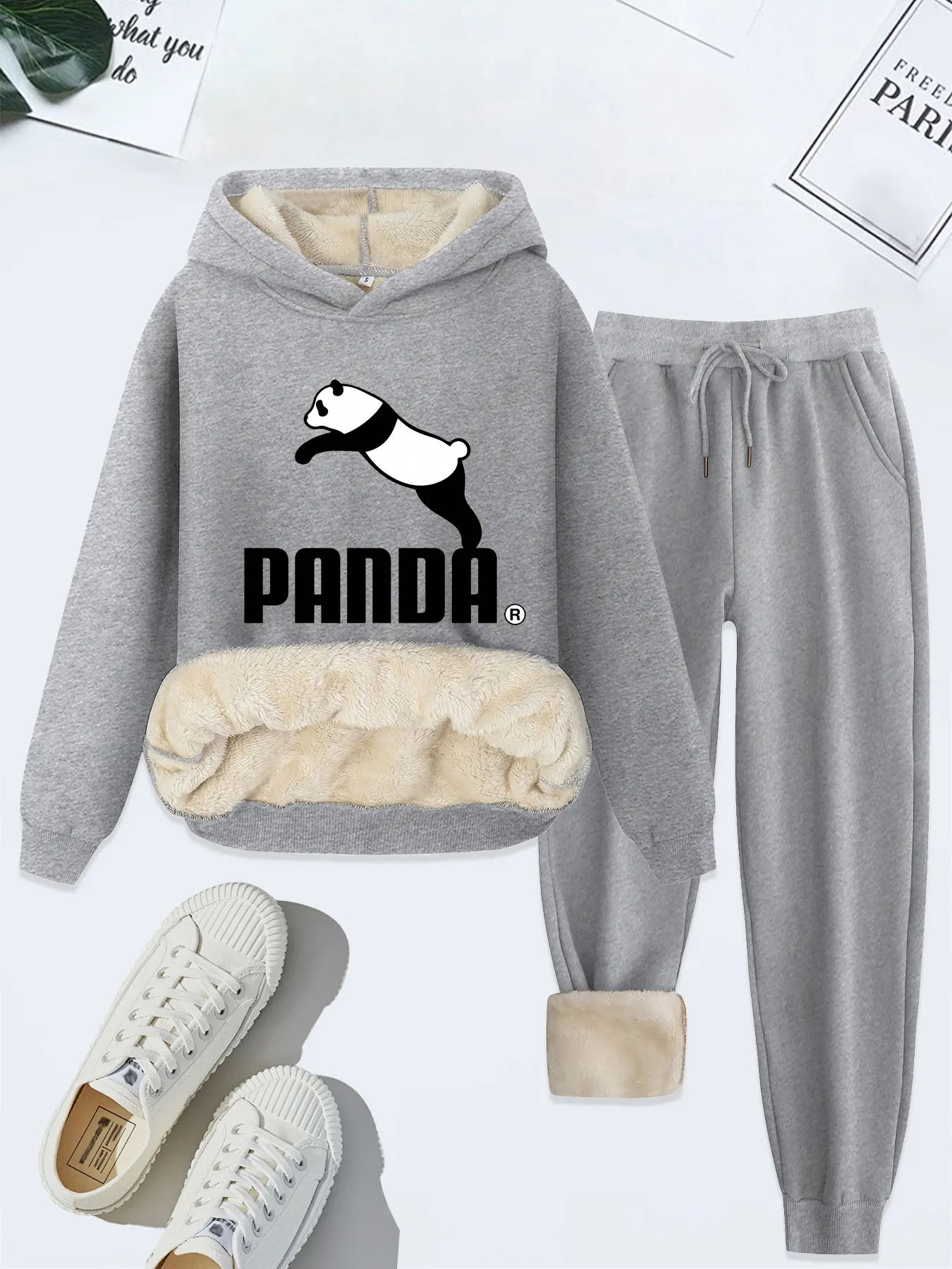 Women's Hooded Sweatshirt Set, Knitted, Loose, Cartoon Panda Print, Thick Fleece Lining, Casual Fall & Winter, 2 Piece Set