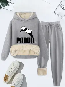 Women's Hooded Loose Sweatshirt Set, Cartoon Panda Print, Thick Fleece Lining, Casual Fall & Winter, 2 Piece Set