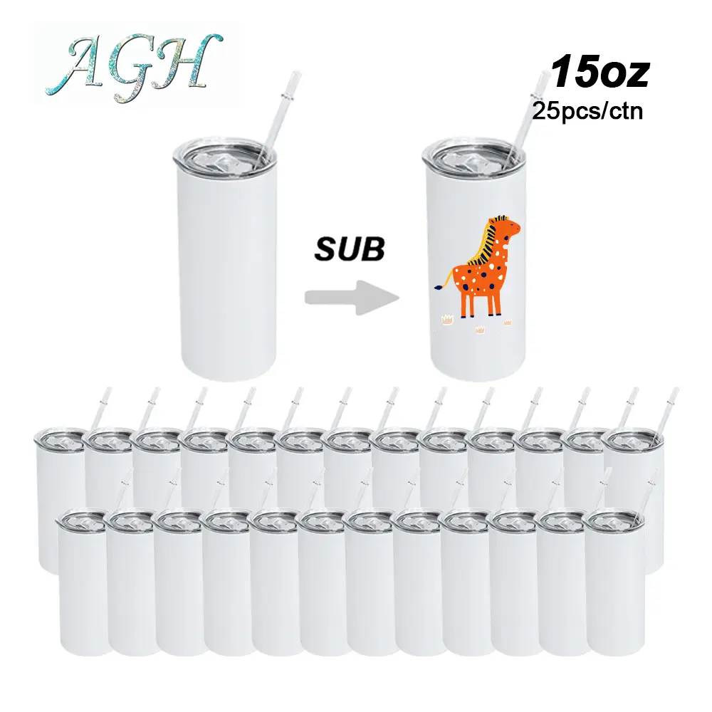 USA 25pack 15oz Sublimation Skinny Straight Tumblers Stainless Steel Double Wall Insulated Sublimation coffee mugs with Lid Straw for DIY Gift
