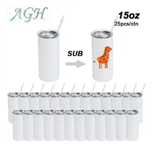 USA 25pack 50Pack 15oz Sublimation Skinny Straight Tumblers Stainless Steel Double Wall Insulated Sublimation coffee mugs with Lid Straw for DIY Gift