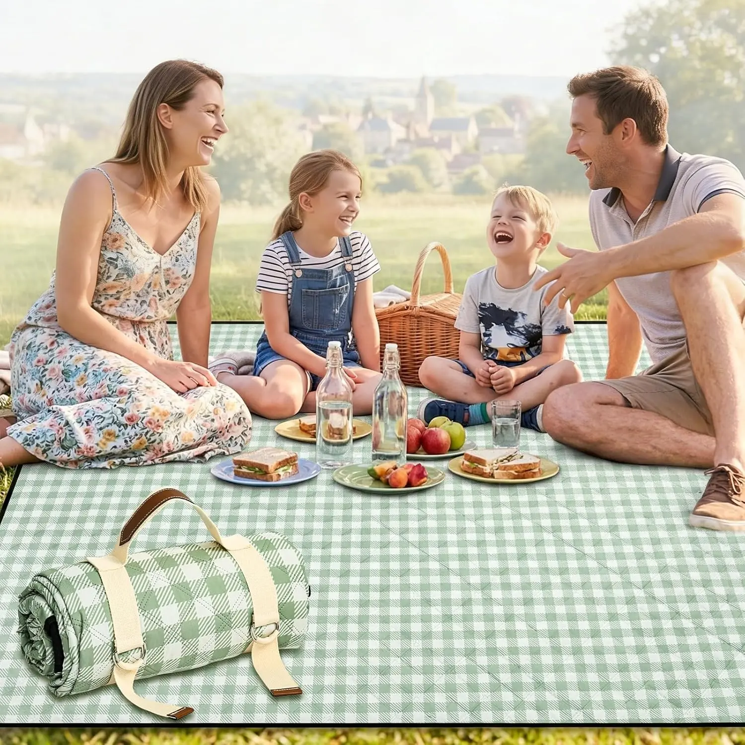 80"x80" Extra Large Green 3-Layer Picnic Blanket - Compact Roll-Up, Waterproof, Windproof, Sun Protection, No-Sand, Machine Washable with Shoulder Strap, Corner Nails for Camping, Hiking/Light Outdoor