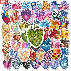 56pcs Artistic Style Colorful Heart Fantasy Elements Creative Anatomical Heart Series Stickers, suitable for scrapbooks, diaries, laptops, water bottles, cars, etc. A gift with a positive message based on faith.