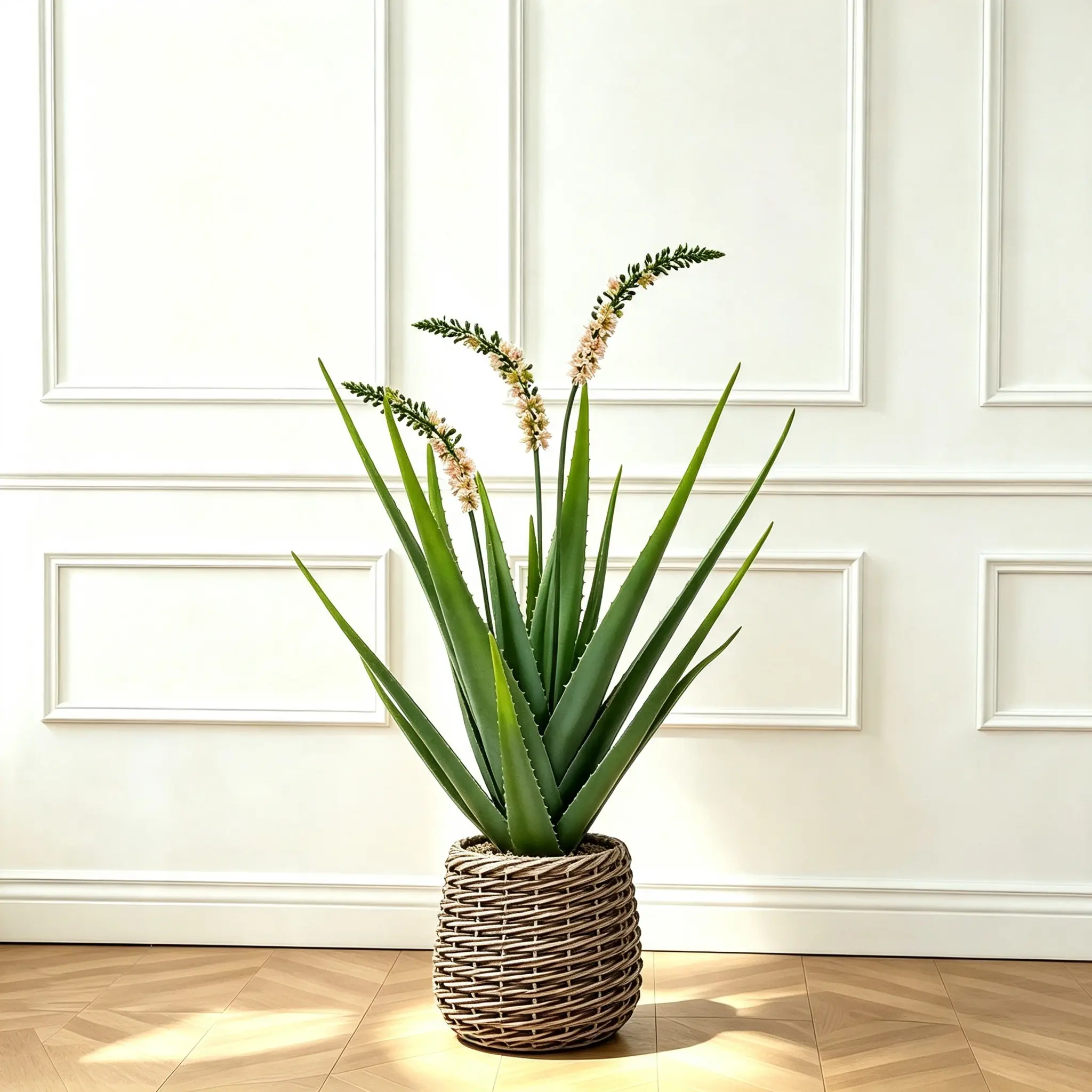 3.5ft Decorative Lifelike Faux Aloe Plant - Pink Flower Spikes, Green Leaves, Maintenance-Free Faux Succulent in Woven Rattan Pot for Farmhouse Table, Indoor Decor dry gift artificial