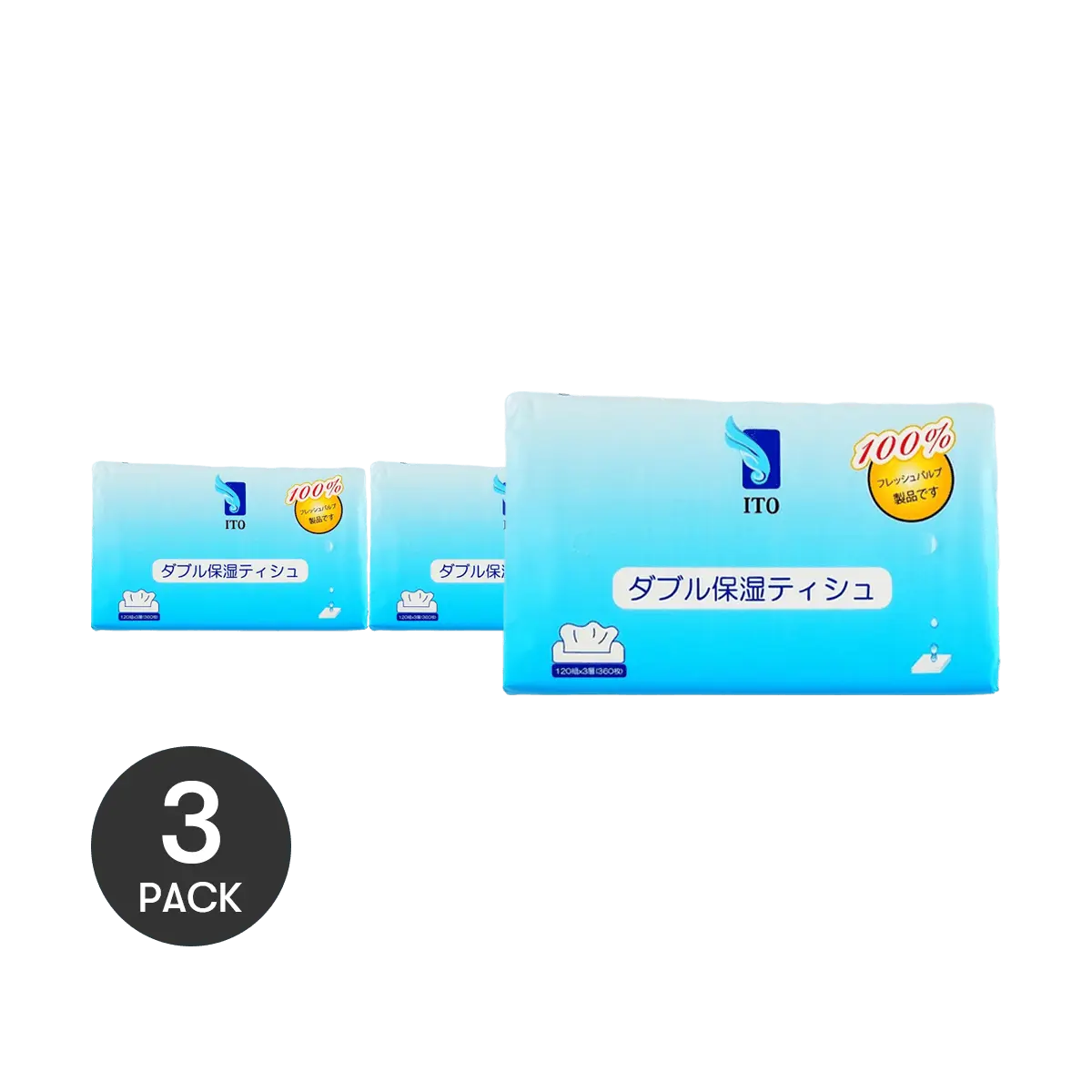 ITO Japan Double Moisturizing Facial Tissues - 100% Virgin Wood Pulp, Fluorescent-Free, 120 Pulls x 3 Packs - Bulk Value Pack for Home & Office