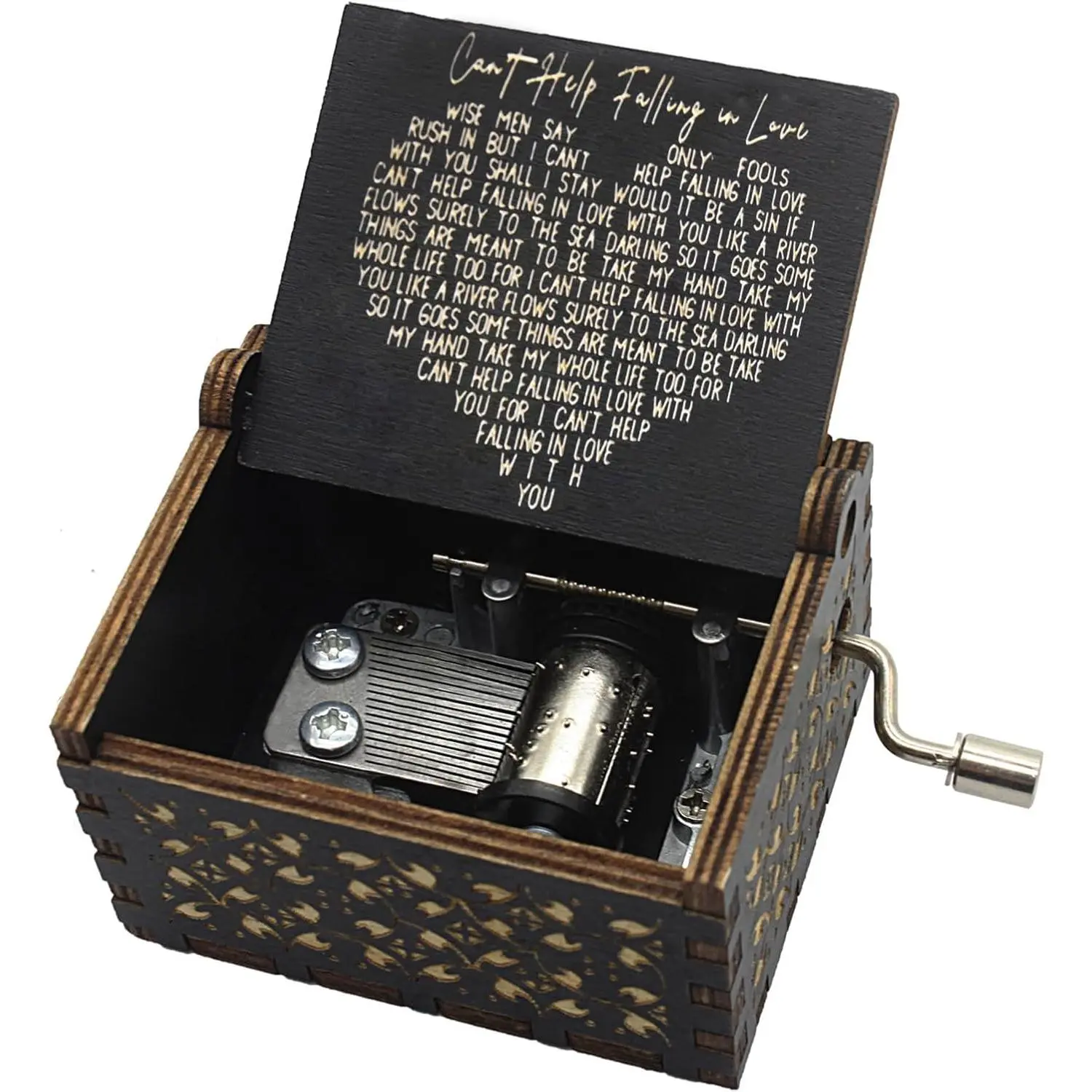 Can’t Help Falling in Love Music Boxes,Wood Laser Engraved Vintage Hand Cranked Cute Music Box, for Your Loved One's Birthday Valentine's Day Christmas