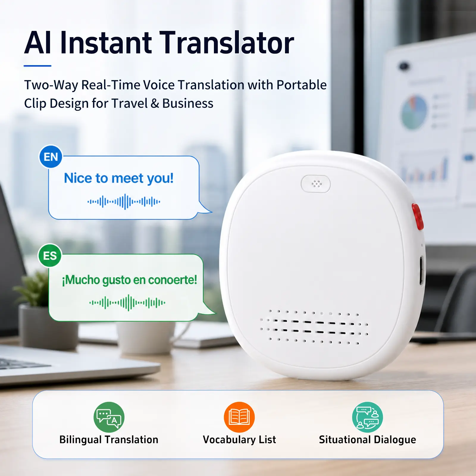 Chargeable Wireless Language Translator Tutor - Spanish & English Practice Companion, Portable Electronic Learning Device for Travel, Daily Communication