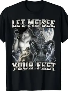 1pc Funny Alpha Wolf T-Shirt - Retro "Show Me Your Feet" Wolf Pc Design, Soft Crew Neck Tee S-XXXL, Casual Gift Suitable for Spring Summer Fall Daily Wear & Themed Outfits, Machine Washable Alpha Wolf Apparel
