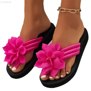 Women's 3D Fabric Flower Platform Flip Flops - Wedge Thick-Sole Thong Sandals, Lightweight Non-Slip Summer Beach Slippers, Plus Size