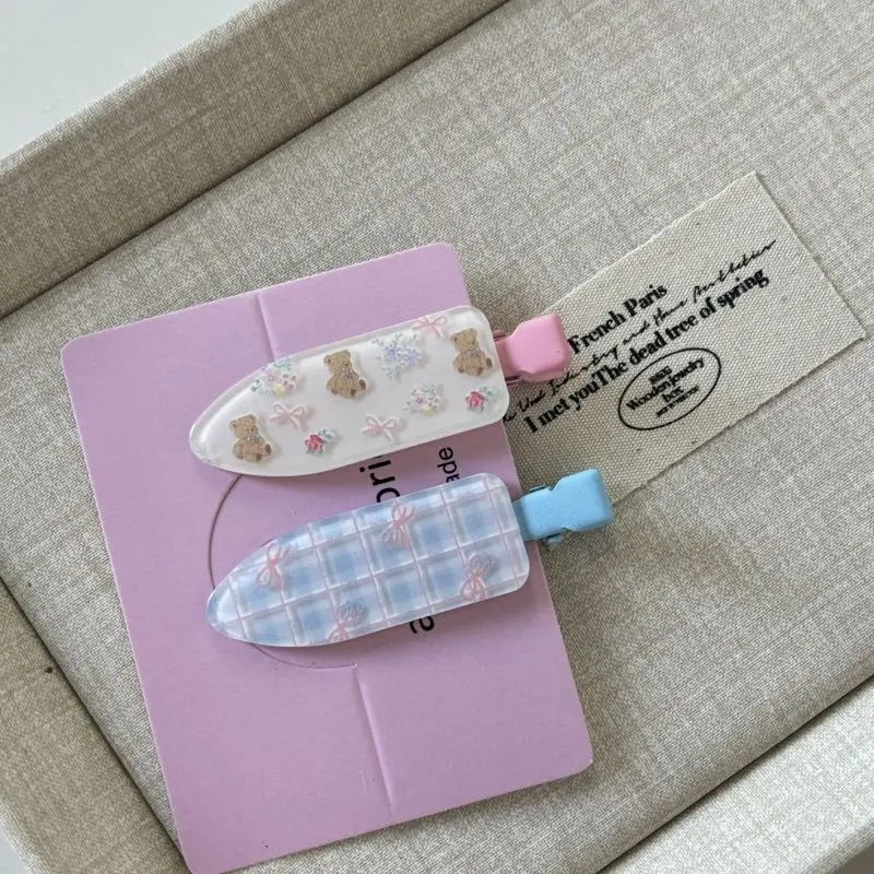 Blue striped white bear hair clip set