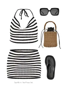 Women's Colorblock Striped Print Bikini Set, Casual Tie Shoulder Bikini Top & Skirt Set, Two-piece Swimsuit for Summer Beach Holiday Vacation