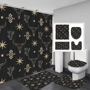 Geometric Bull Head Pattern Bathroom Accessories Set, 1 Decorative Shower Curtain & 1 Toilet Lid Cover & 1 Rectangular Mat & 1 U-shaped Mat, Bathroom Decor Supplies