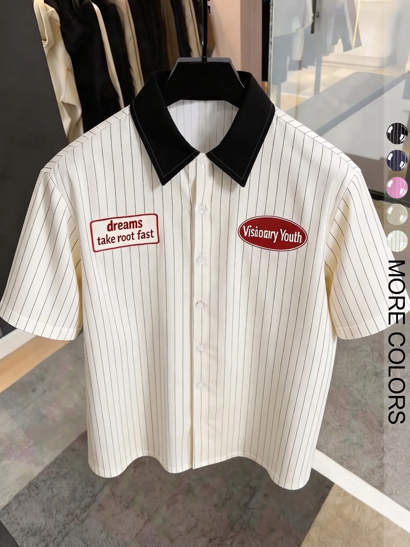 Men's Retro Classic Striped Bowling Shirt - Short Sleeve Button Up with Contrast Black Collar, "Visionary Youth" & "Dreams" Patches, Oversized Breathable Casual Shirt for 90s Streetwear & Clean Fit Outfits, Casual Summer Clothes