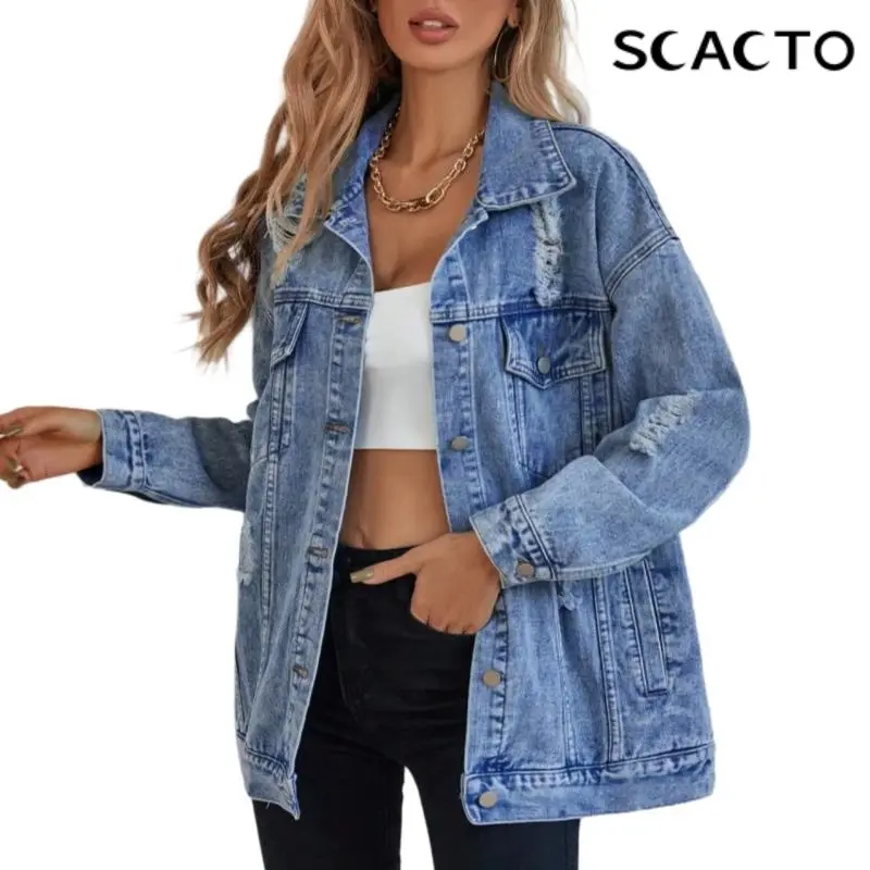 Scacto Jean Jackets for Women Ripped Fringe Denim Jean Jacket Casual Long Sleeve Pockets Jackets Coat Fabric Fashion Womenswear Soft button jacket