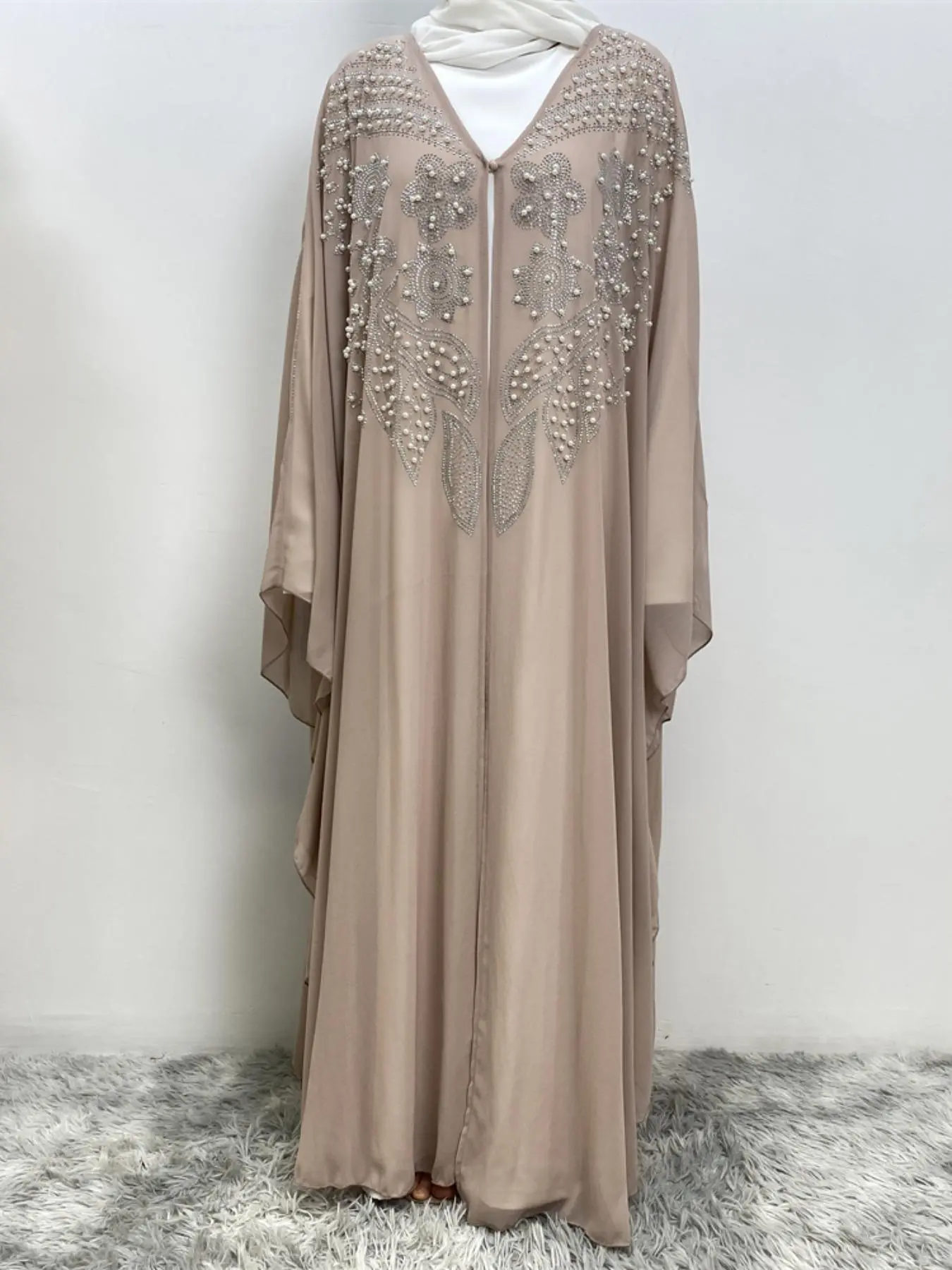 Women's Plain Beaded Decor V Neck Chiffon Arabic Robe, Elegant Long Sleeve Open Front Abaya for Daily Wear, Women's Islamic Clothing for Spring & Fall, Batwing Sleeve Abaya
