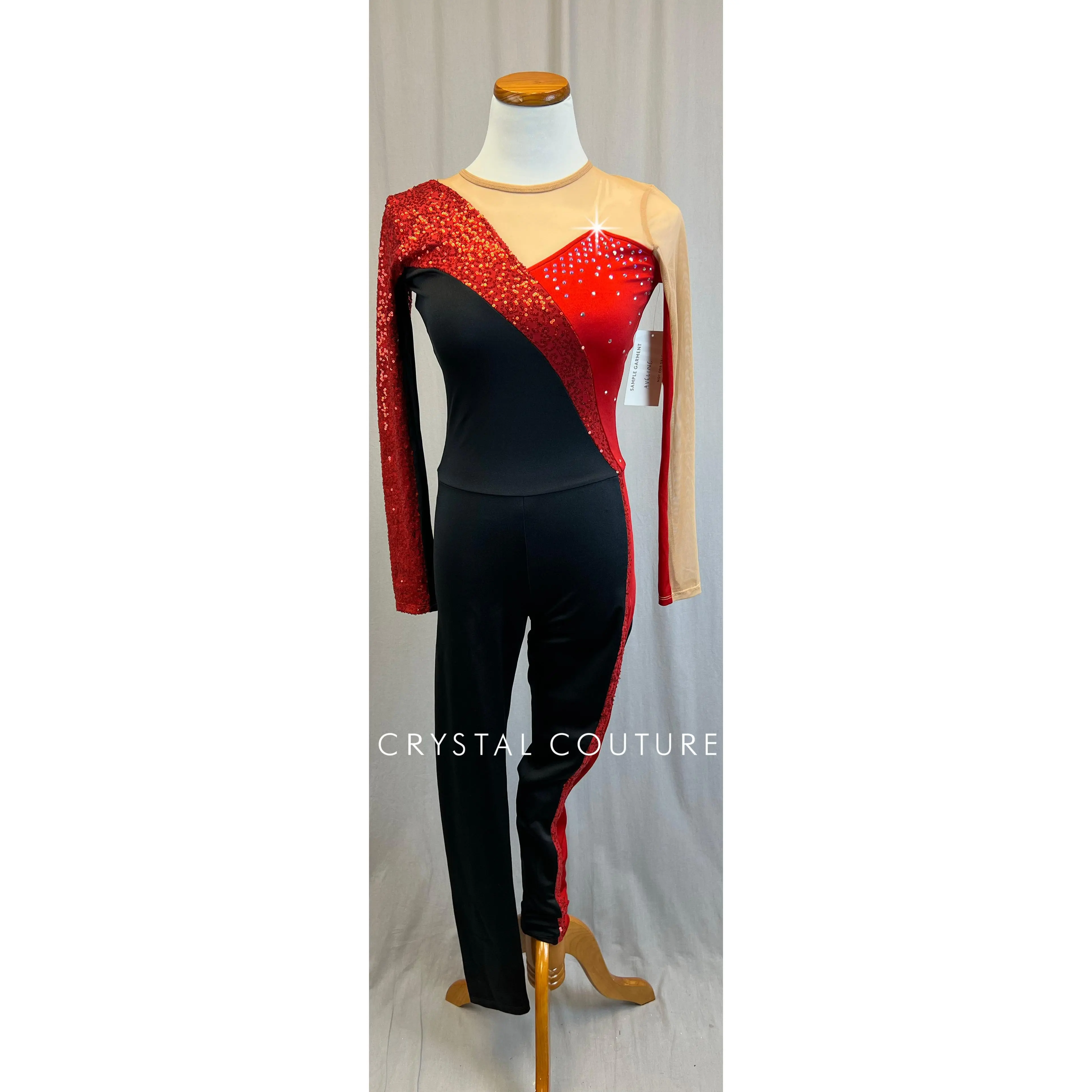 *Brand New* Black and Red Lycra and Sequin Long Sleeve Unitard with Tan Mesh Accents - Rhinestones