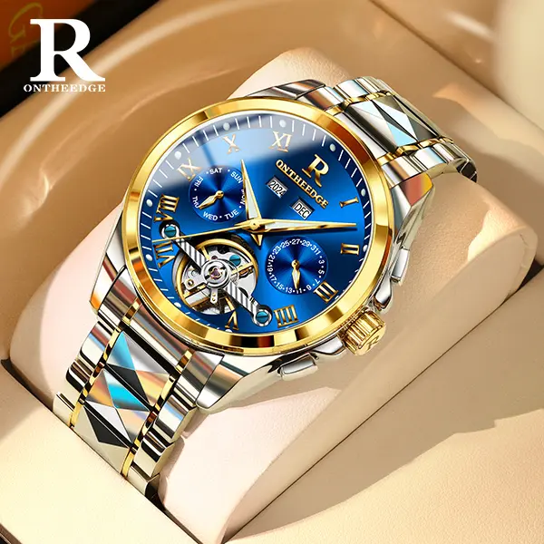 ONTHEEDGE Men's Automatic Mechanical Watch - Luxury Blue Dial, Open Heart Design, 2-Tone Stainless Steel Bracelet, Multifunction Business Dress Watch