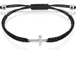 Handmade Adjustable String Nylon Rope Braided Cross Bracelet For Women And Men Black Color Silver Cross Charm Unisex Accessory
