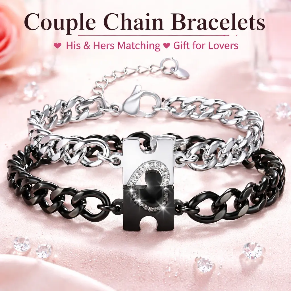Stainless Steel Interlocks Matching Puzzle Heart Bracelet Set of 2 - Sentimental Boyfriend Gifts for Long Distance Couples, Anniversary Promise Valentine's Day Presents for Boyfriend