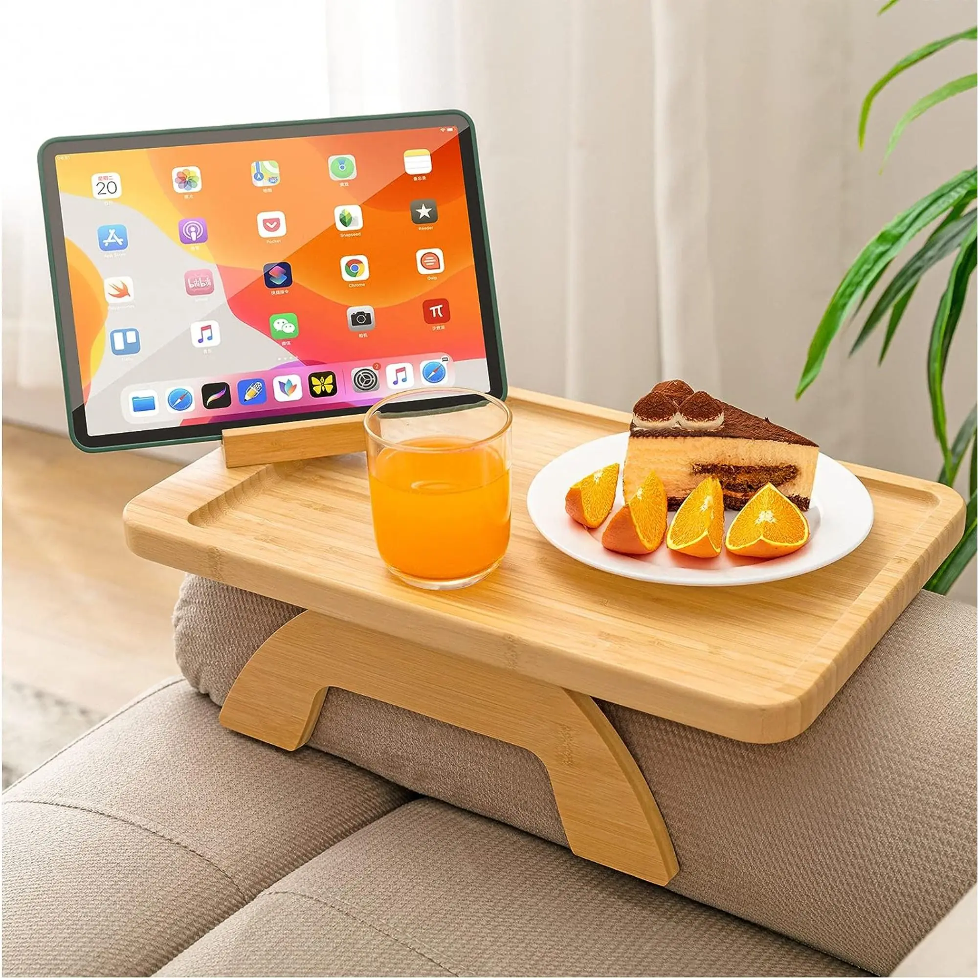 Bamboo Sofa Clip on Side Table for Wide Couches Arm, Foldable Couch Tray with 360° Rotating Phone Holder