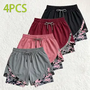 4-Pack Women’s 2-in-1 Running Shorts, Pink Caamo Print Quick-Dry Fitness Workout Shorts with Built-In Compression Liner, Anti-Chafe Training Running Shorts for Women