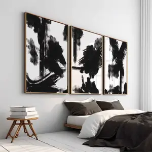 Modern Minimal Gallery Wall Art Set of 3 Abstract Art Black and White Prints Brush Strokes Art Contemporary Bedroom Decor Printable