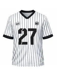 Men's Vintage Striped Baseball Jersey, Loose V-Neck Short Sleeve T-Shirt, Streetwear Sportswear, Youth Hip-Hop Fashion, Summer Breathable Quick-Dry, Casual Sports Jersey