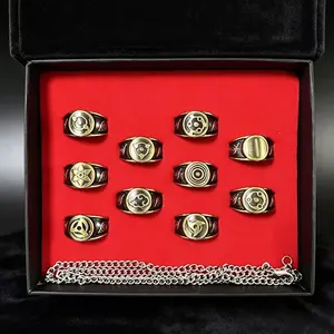 Naruto Sharingan Rings Set 10Pcs Anime Cosplay Finger Rings Konoha Akatsuki Cloud Symbol Adjustable Metal Rings with Chain Naruto Fans Collectible Jewelry Gift for Men Women