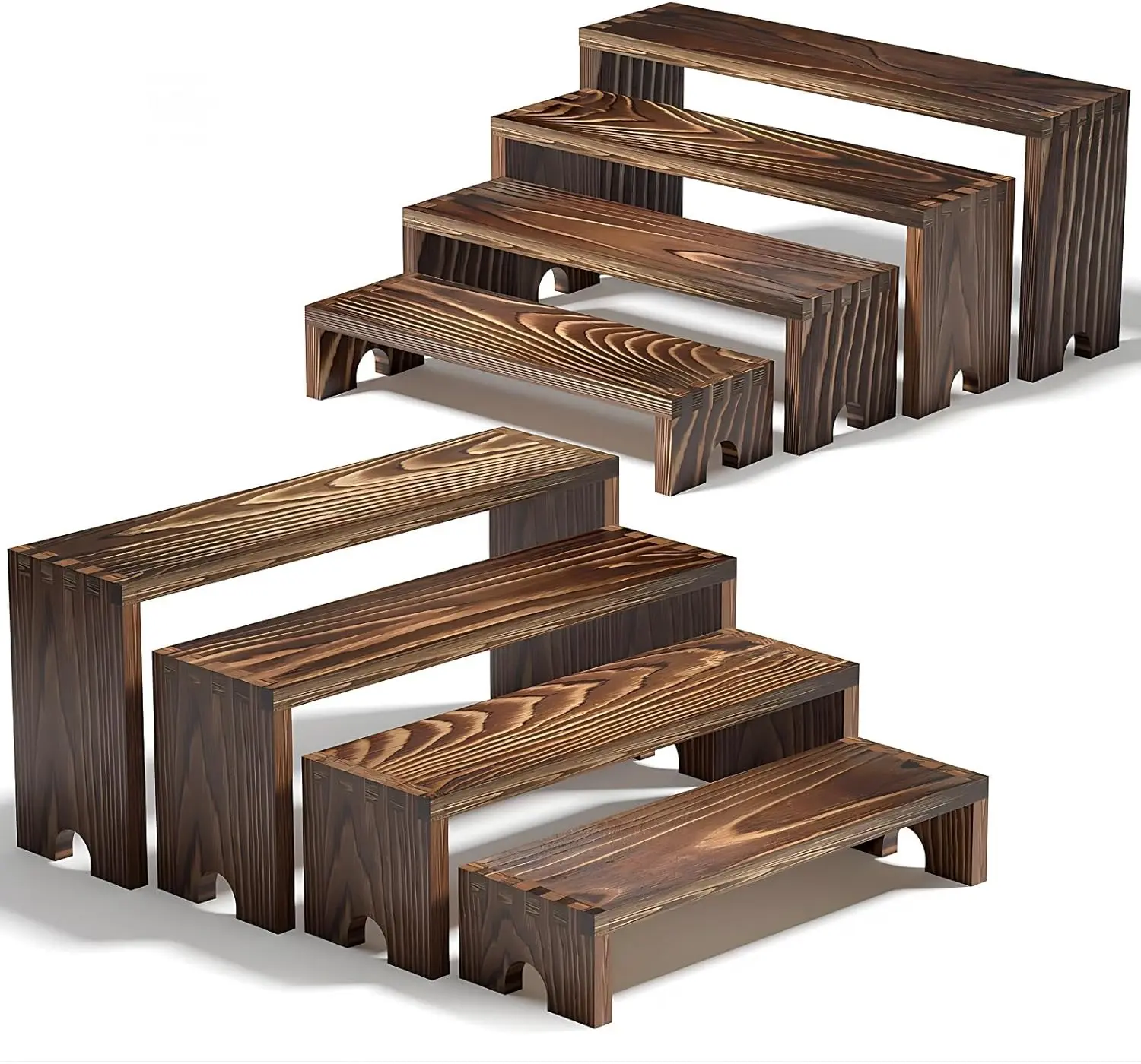 8-Piece Natural Wood Tiered Riser Display Stands - 4 Sizes Stackable Farmhouse Racks, No-Assembly Home Organizers for Vendor Events, Buffet Catering, Home Decor & Storage (Dessert, Cupcake, Makeup)