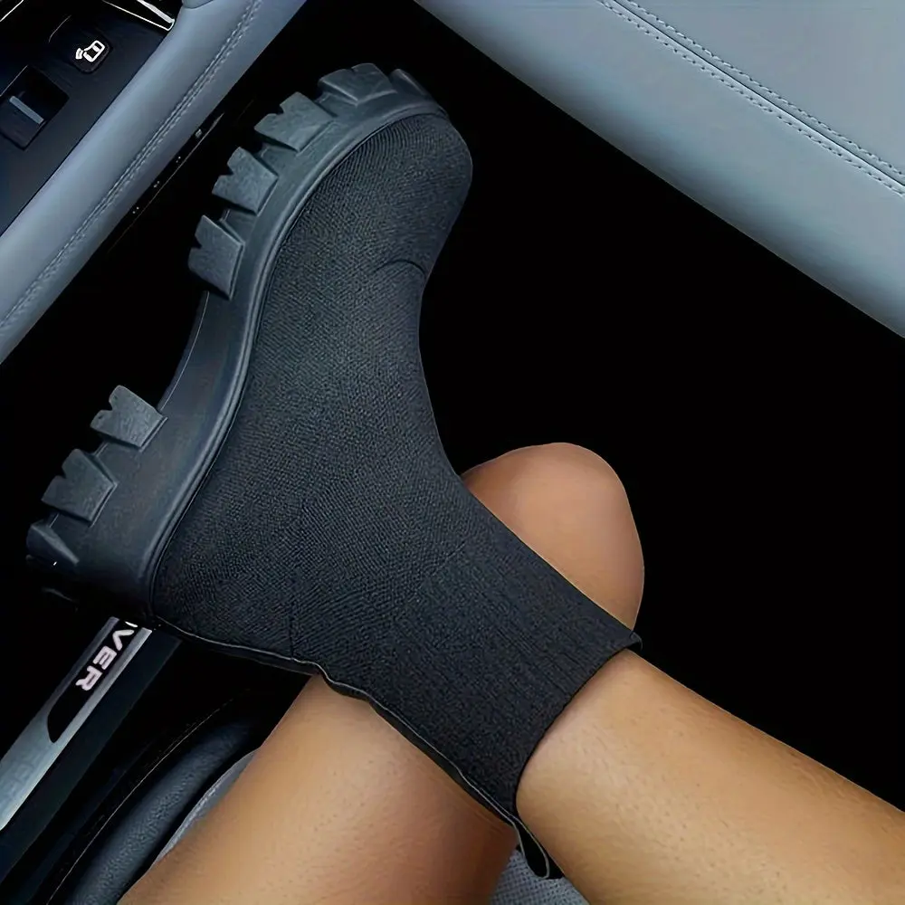 Women's Thick-soled Short Boots, Knitted Round Toe Shoes