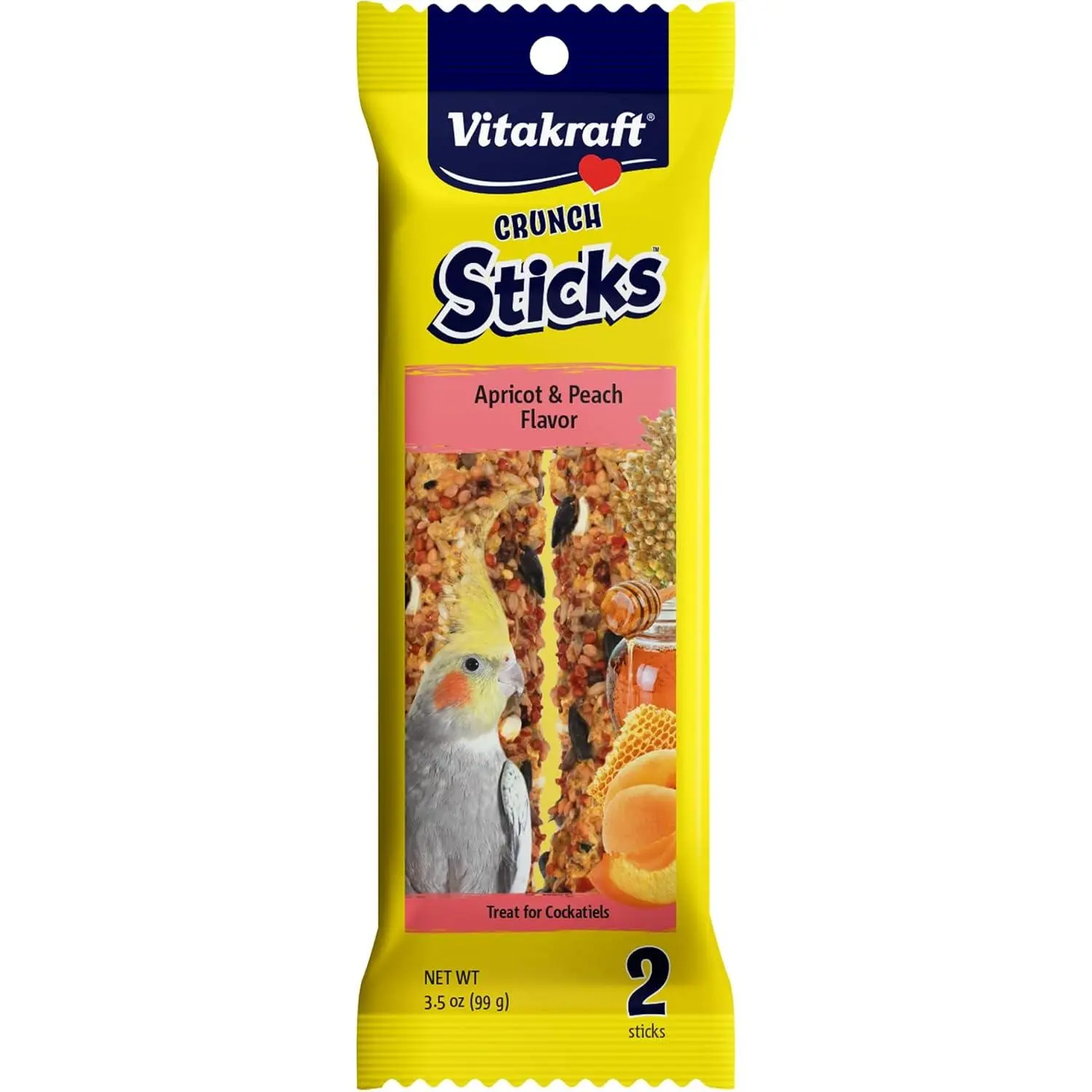 Crunch Sticks Cockatiel Treat Apricot Peach Flavor - Triple Baked Long Lasting Bird Treats with Natural Wood Chew Center for Beak Health and Enrichment - 3.5 oz.