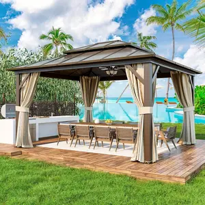 12' x 14' Hardtop Gazebo, Outdoor Gazebo with Polycarbonate Vertical Stripe Double Canopy, Aluminum Gazebo with Netting and Curtains for Patios, Decks, Backyards, Lawns and Gardens