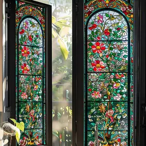 Stained Glass Window Film Rose Floral Privacy Removable Static Cling Window Decals Sun Blocking Light Stickers Decor