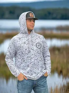 Men's White Camo Performance Pullover Hoodie - Long Sleeve, Full Sleeve, Stylish, Comfortable Menswear Sweatshirt for Casual Streetwear, Mens Clothing Top
