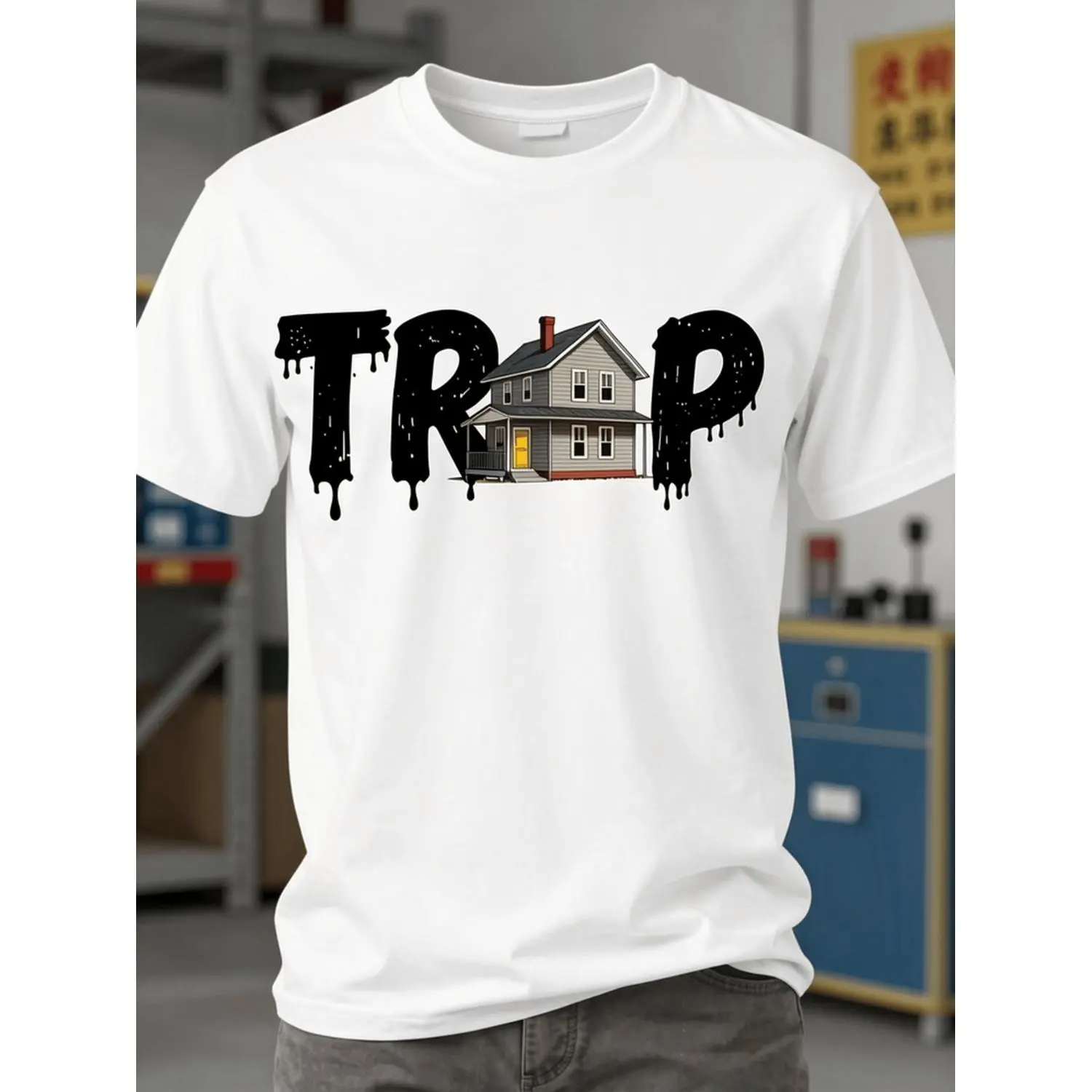Men's Trap House T-Shirt - White Crew Neck Streetwear Shirt with TRAP Lettering & Urban House, Hip-Hop Rap Music Apparel Suitable for Concerts, Festivals, Casual Attire, Machine Washable Casual Tee