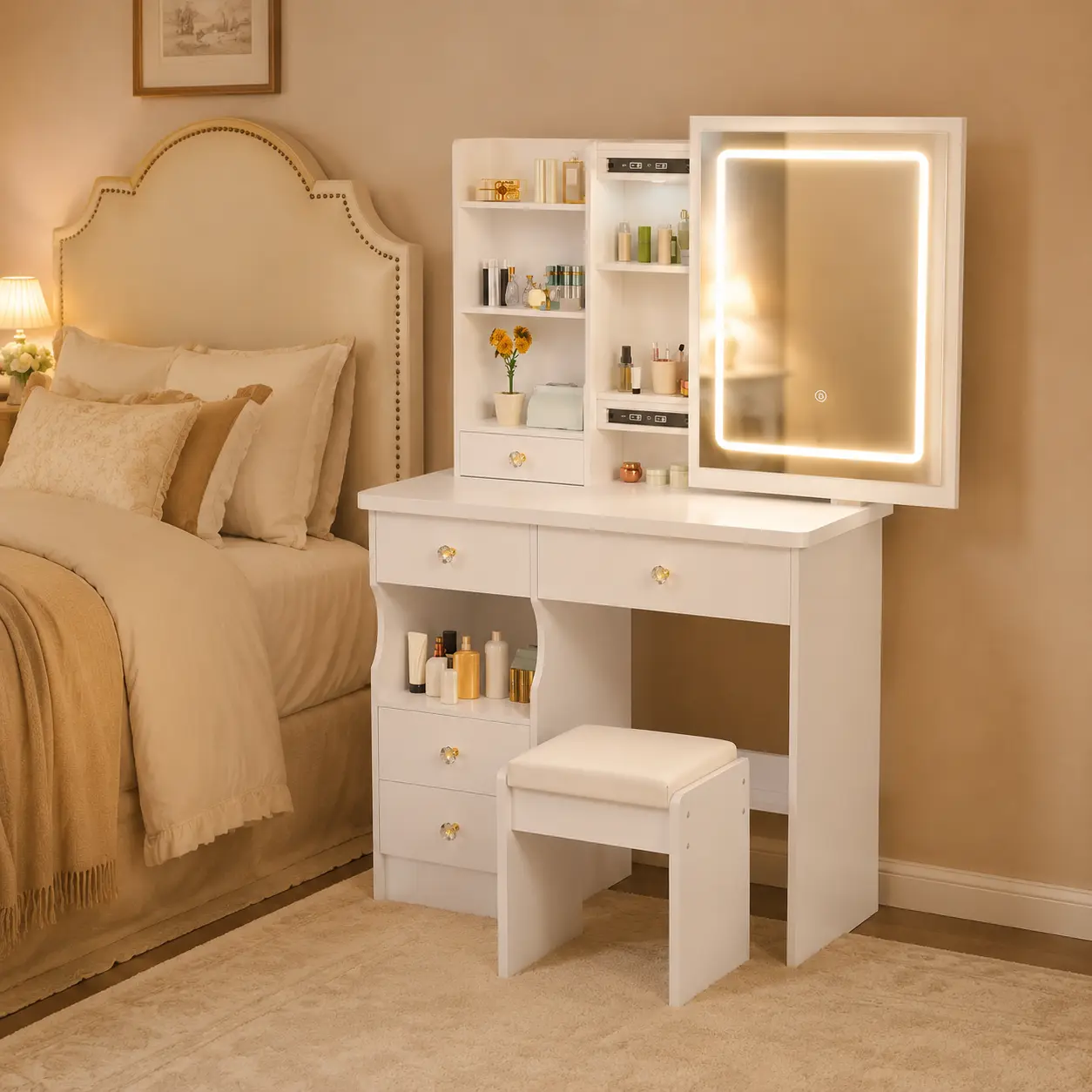 LED Makeup Vanity Set, 3 Color Dimmable Mirror, Soft Close Drawers, Crystal Knobs, Multi Storage Shelves, PU Cushioned Stool, Cosmetic & Jewelry Organizer for Bedroom (White )