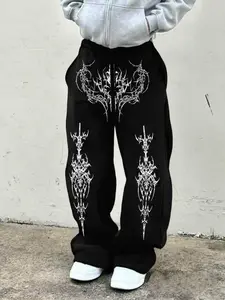 Men's Casual Sport Pants, Heart Thorn Pattern Print, Drawstring Wide Leg, Loose Fit, All Seasons, Men's Fashion Long Pants, Athleisure Style Pants