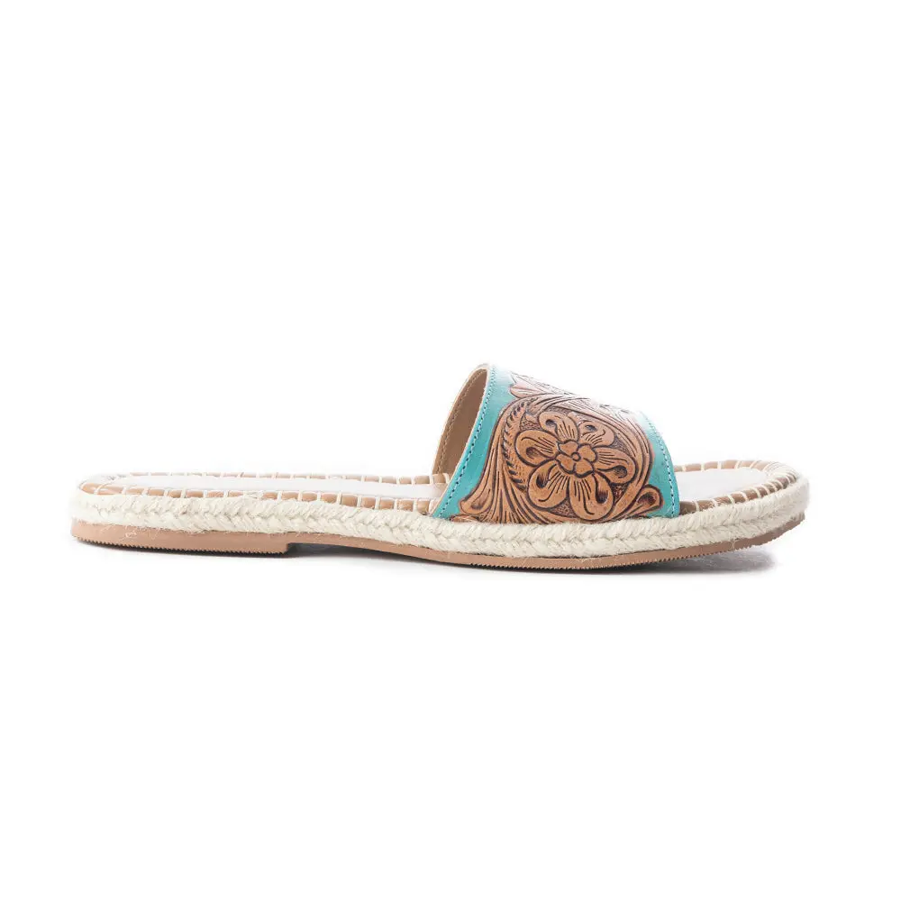 Women's Tooled Leather Slides with Hand-Carved Floral Pattern, Western Boho Sandals with Cream Whipstitch Detail