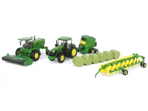 John Deere Haying Set w/ Windrower, Tractor, Hay Rake, Baler & 6 Bales Diecast 1:64 Scale Model - ERTL 45931
