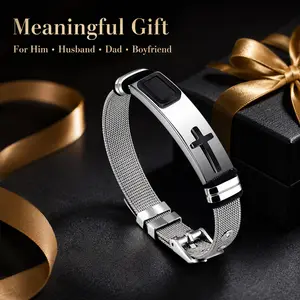 Men’s stainless steel cross bracelet, adjustable mesh wristband, faith-inspired religious jewelry gift for him