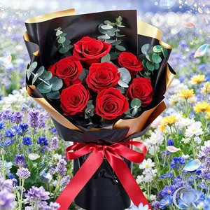 Preserved Roses Bouquet with 7 Red Roses – Luxury Black Gold Wrapped Flower Gift for Girlfriend, Wife, Mom Romantic Red Rose Bouquet Gift – Preserved Roses in Luxury Black Wrap, Perfect for Valentine’s Day & Anniversary